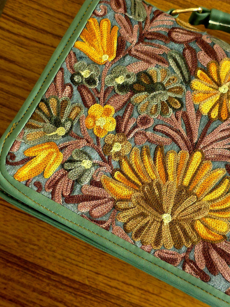 Kashmiri Tote Bag – Sage Green | Embroidered Velvet Floral Tote for Women - Oagh India