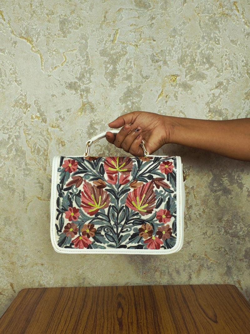 Kashmiri Tote Bag – White | Velvet Floral Embroidered Tote for Women - Oagh India