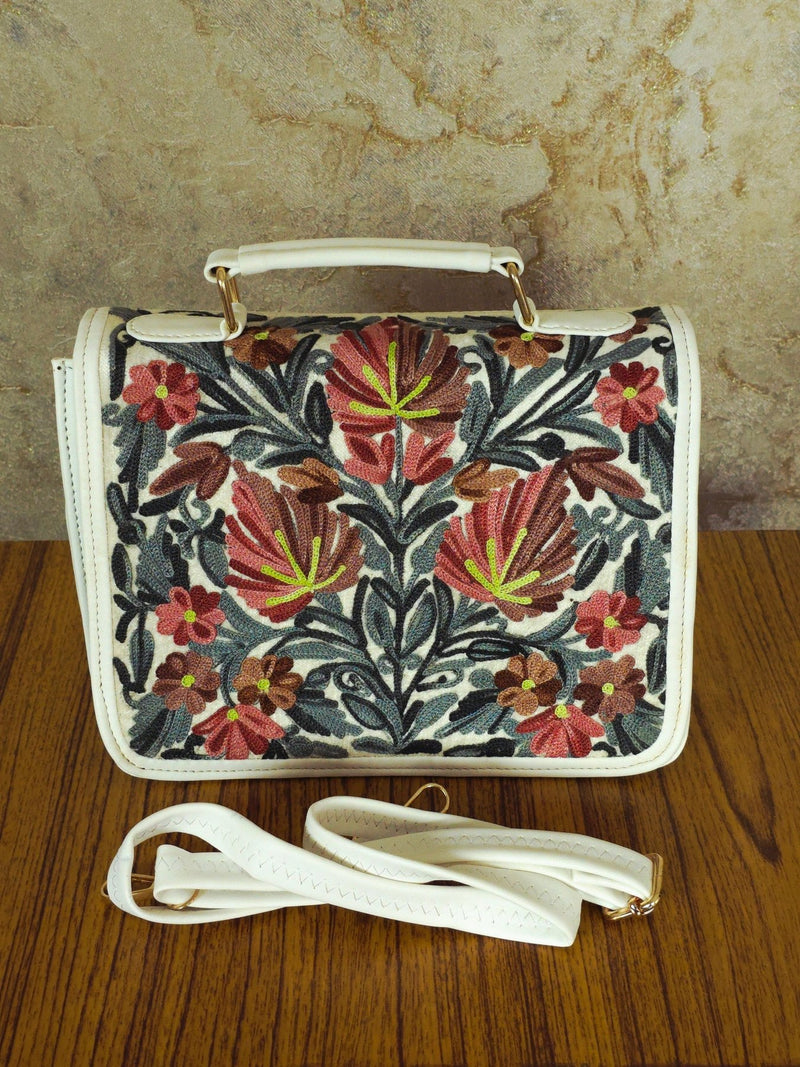 Kashmiri Tote Bag – White | Velvet Floral Embroidered Tote for Women - Oagh India