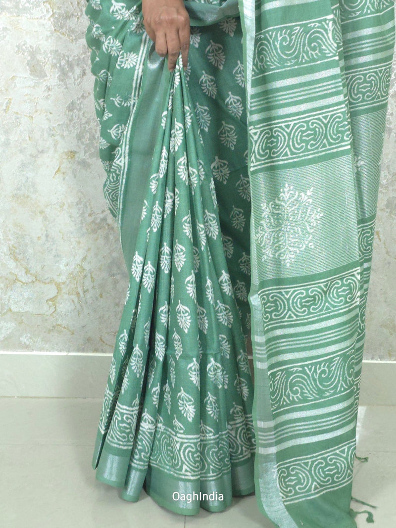 Lagoon Breeze  : Bagru Handblocked Linen Cotton Saree
