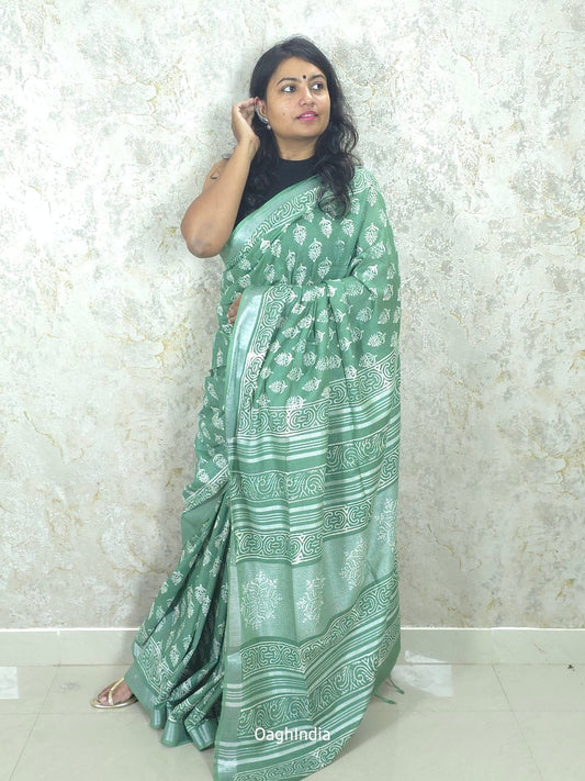 Lagoon Breeze  : Bagru Handblocked Linen Cotton Saree