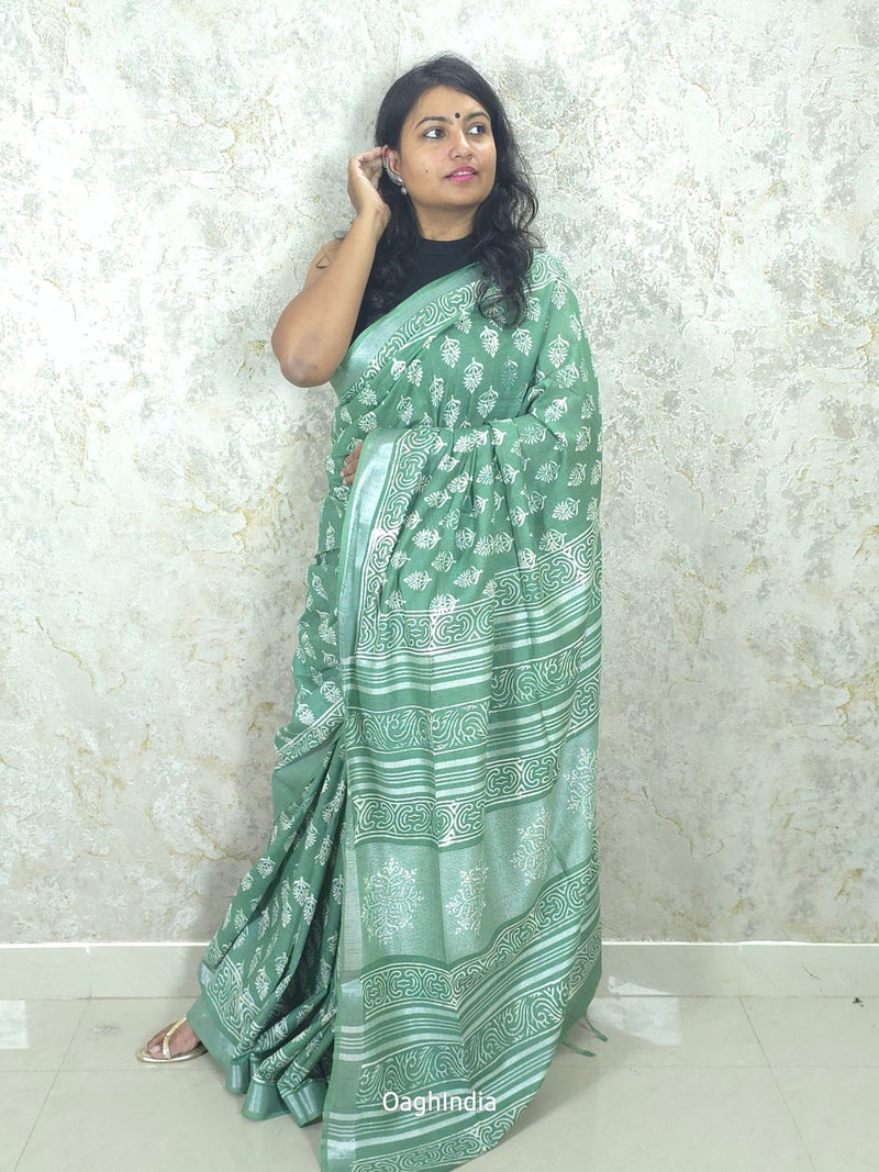 Lagoon Breeze  : Bagru Handblocked Linen Cotton Saree