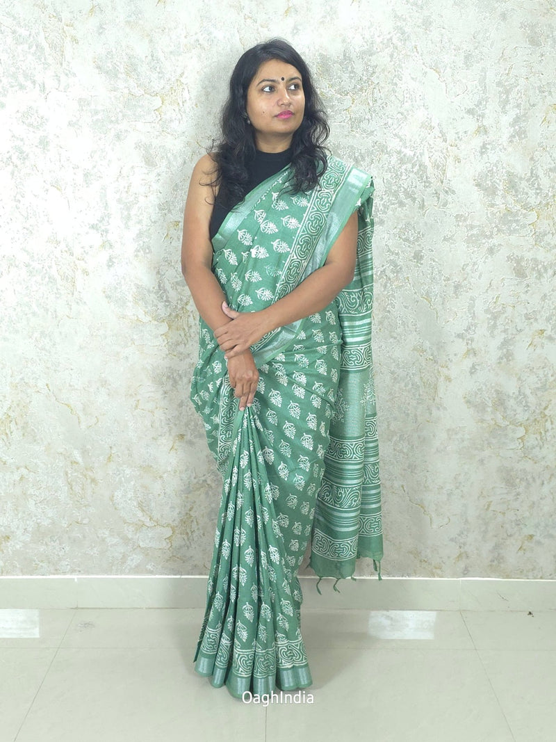 Lagoon Breeze  : Bagru Handblocked Linen Cotton Saree