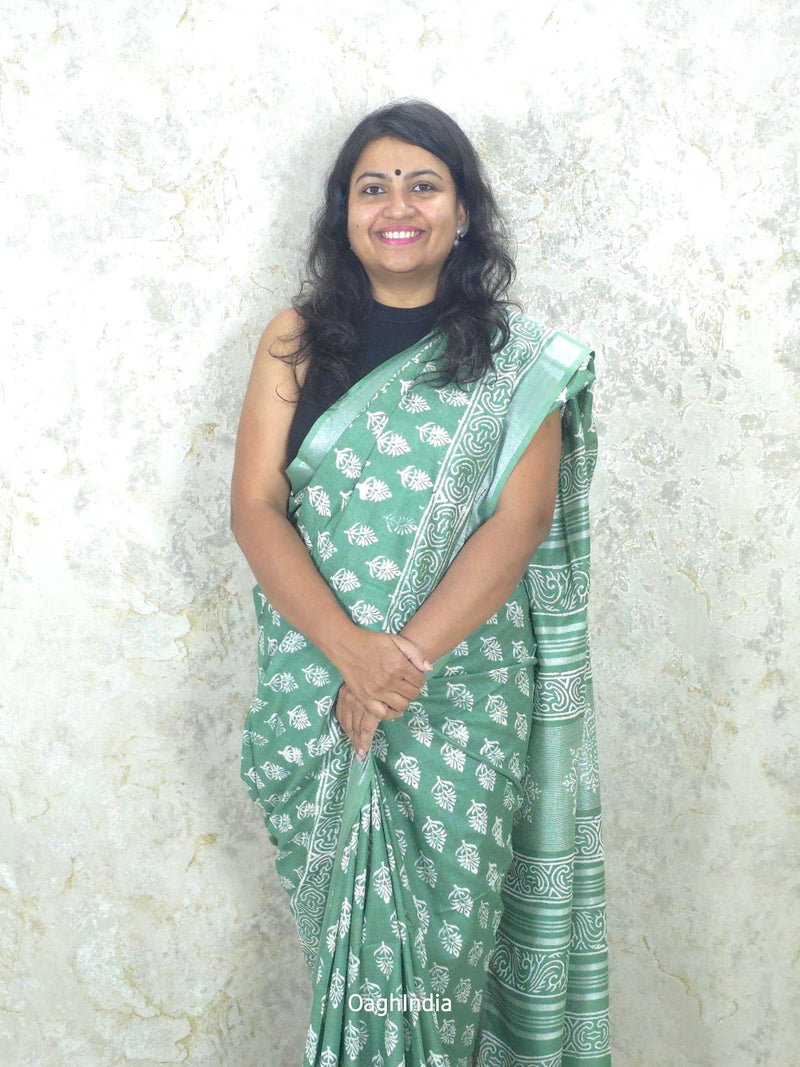 Lagoon Breeze  : Bagru Handblocked Linen Cotton Saree