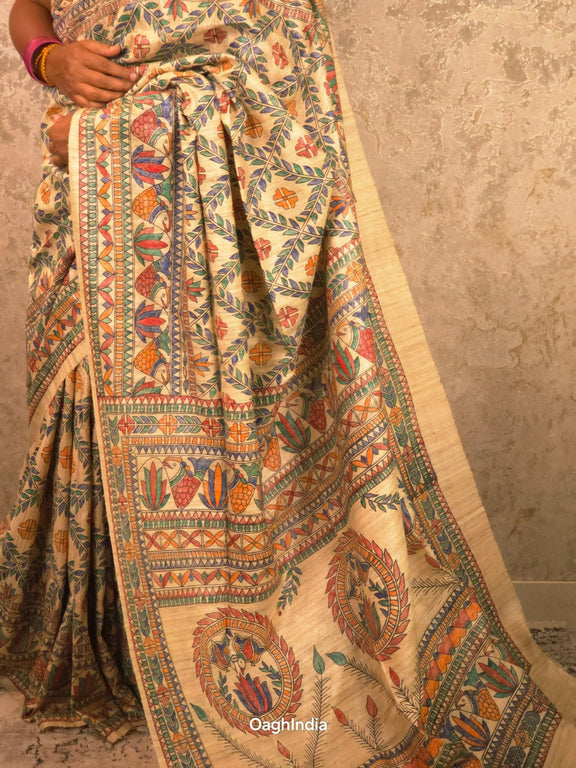Lakshmi : Pure Silk Hand Painted Madhubani Art Saree (Silk Mark) - Oagh India