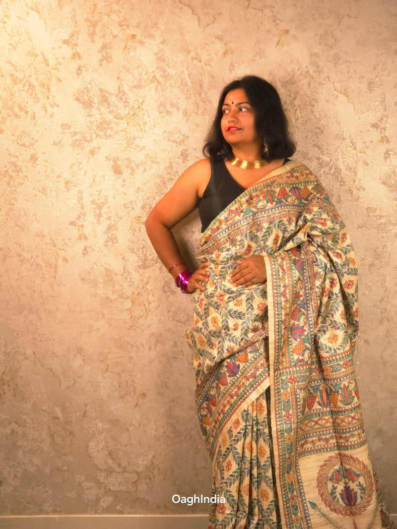 Lakshmi : Pure Silk Hand Painted Madhubani Art Saree (Silk Mark) - Oagh India
