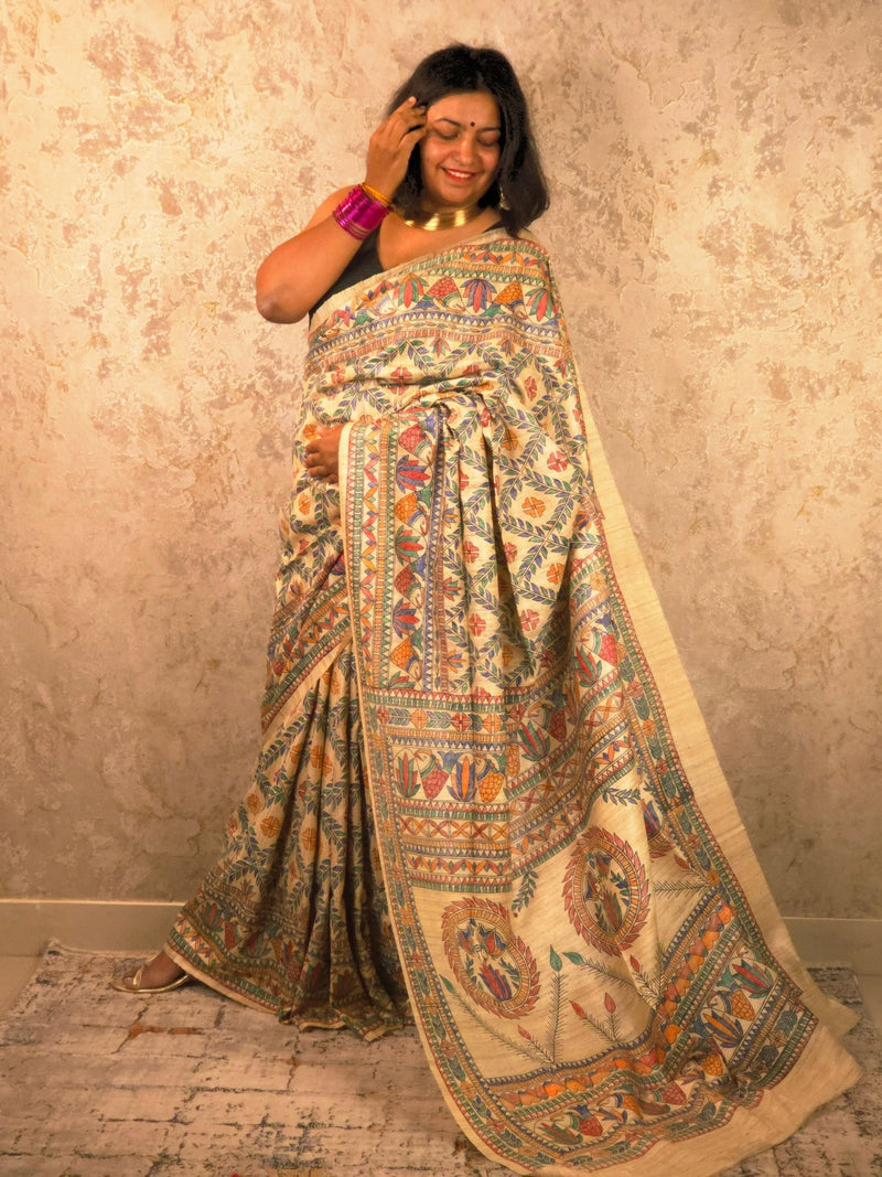 Lakshmi : Pure Silk Hand Painted Madhubani Art Saree (Silk Mark) - Oagh India