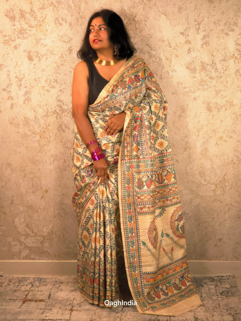 Lakshmi : Pure Silk Hand Painted Madhubani Art Saree (Silk Mark) - Oagh India