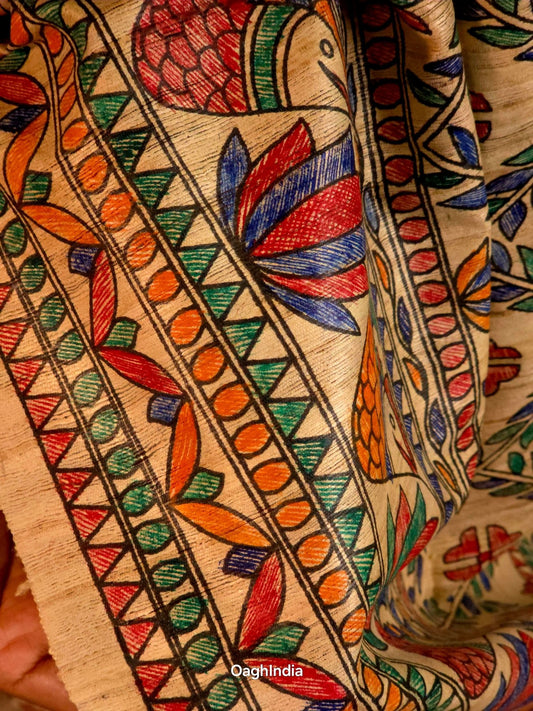 Lakshmi : Pure Silk Hand Painted Madhubani Art Saree (Silk Mark) - Oagh India
