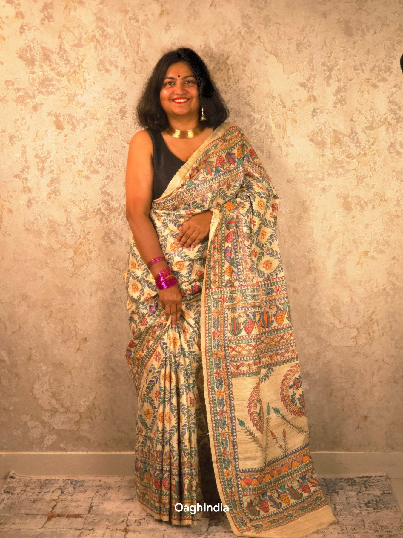 Lakshmi : Pure Silk Hand Painted Madhubani Art Saree (Silk Mark) - Oagh India