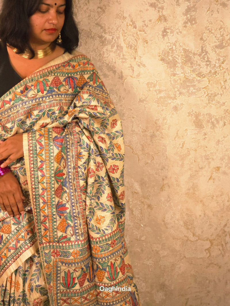 Lakshmi : Pure Silk Hand Painted Madhubani Art Saree (Silk Mark) - Oagh India