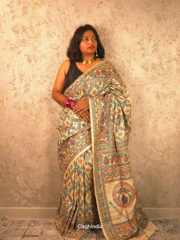 Lakshmi : Pure Silk Hand Painted Madhubani Art Saree (Silk Mark) - Oagh India