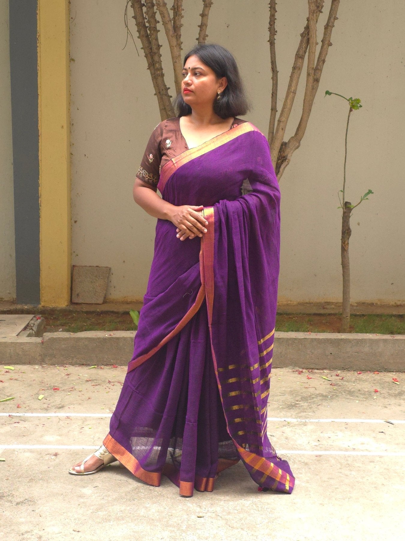 Mala - Purple Linen Saree with Copper Zari border