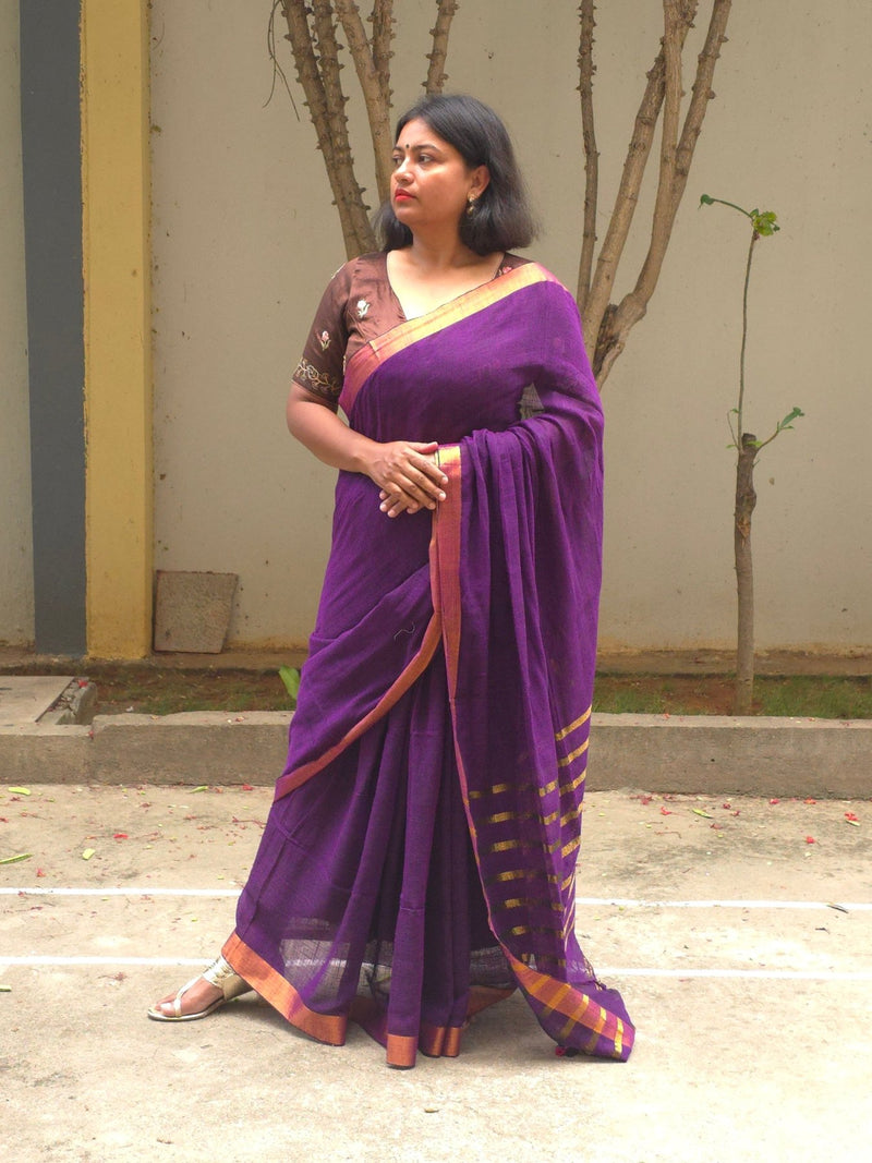 Mala - Purple Linen Saree with Copper Zari border