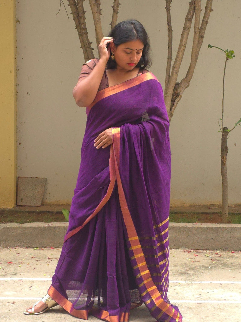 Mala - Purple Linen Saree with Copper Zari border