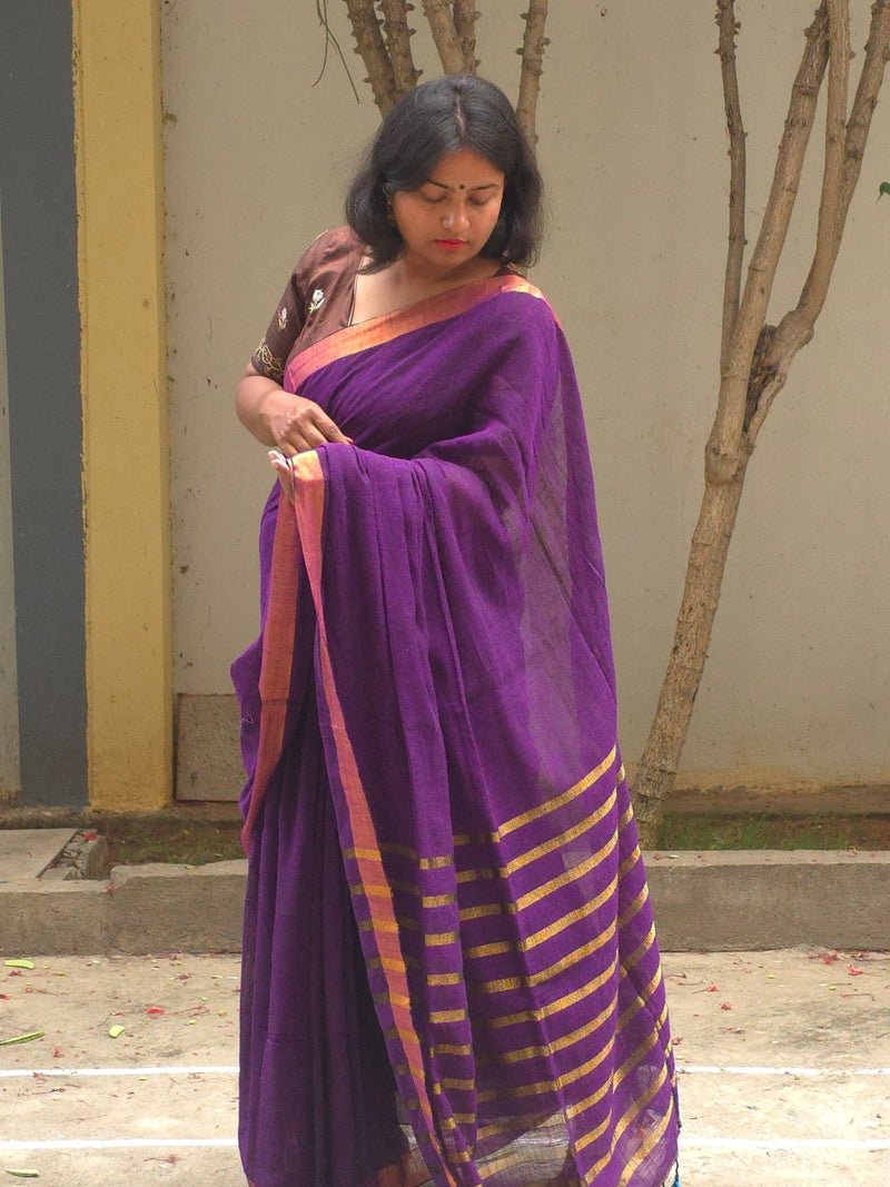 Mala - Purple Linen Saree with Copper Zari border