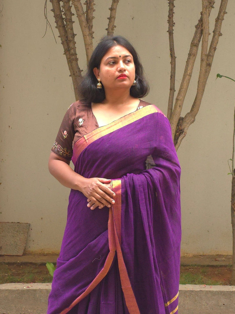 Mala - Purple Linen Saree with Copper Zari border