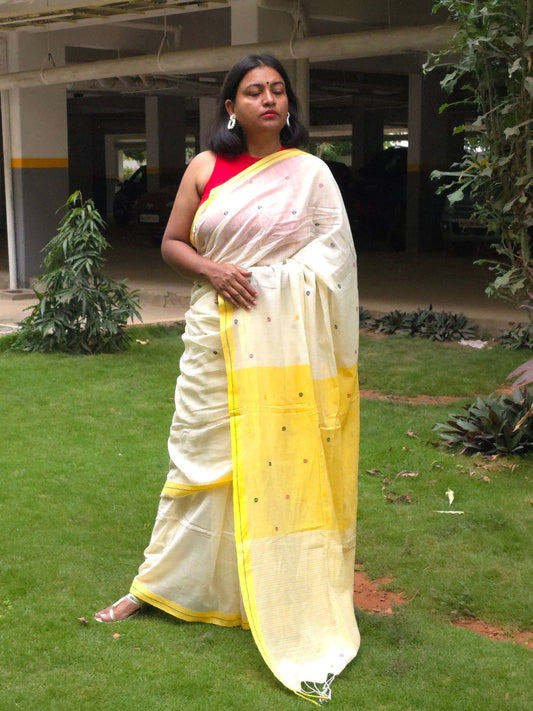 Malar – Pure Cotton Ivory & Yellow Saree