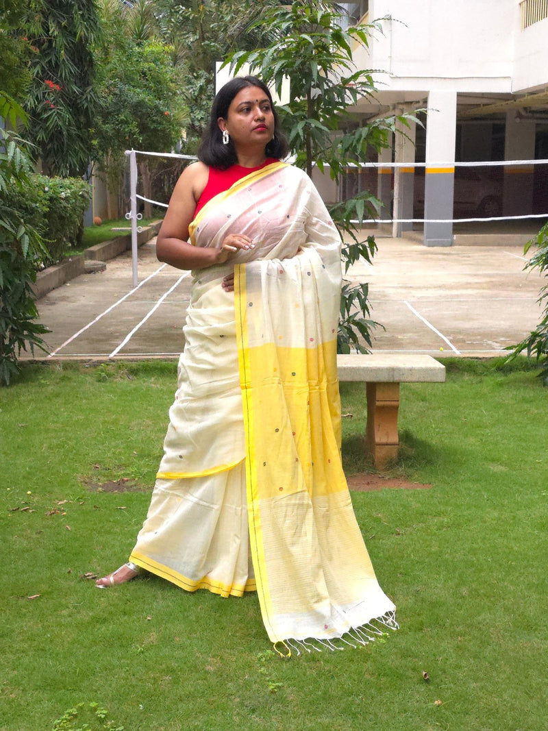 Malar – Pure Cotton Ivory & Yellow Saree