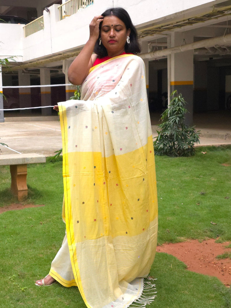 Malar – Pure Cotton Ivory & Yellow Saree