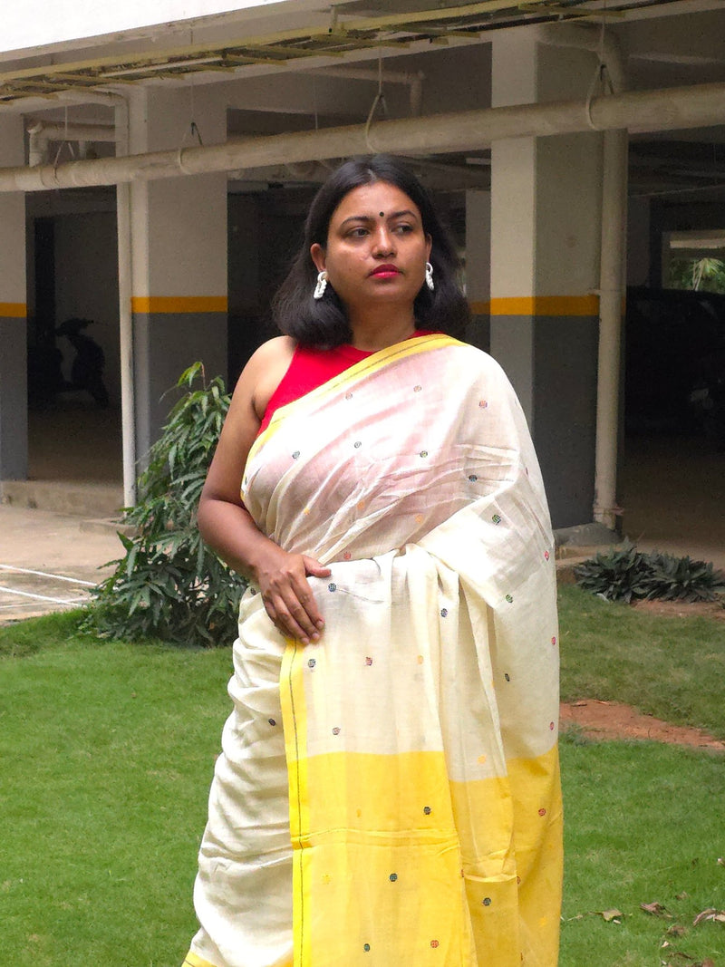 Malar – Pure Cotton Ivory & Yellow Saree