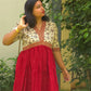 Maroon & Cream V - Neck Alia Cut Dress with Handblock Floral Yoke - Oagh India