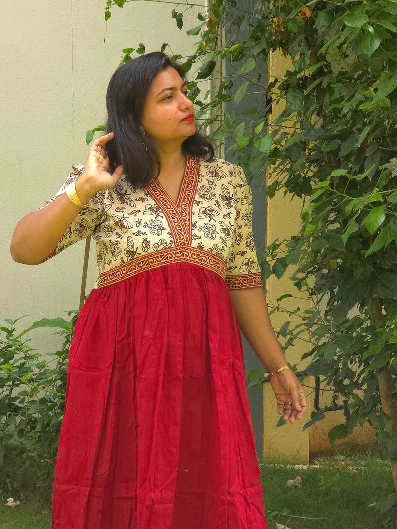 Maroon & Cream V - Neck Alia Cut Dress with Handblock Floral Yoke - Oagh India