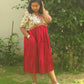 Maroon & Cream V - Neck Alia Cut Dress with Handblock Floral Yoke - Oagh India