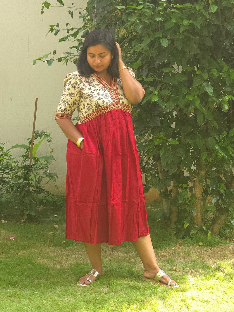 Maroon & Cream V - Neck Alia Cut Dress with Handblock Floral Yoke - Oagh India