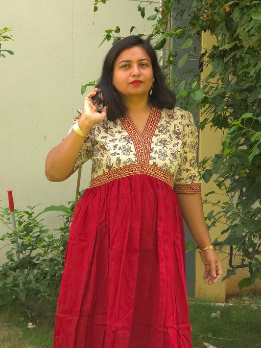 Maroon & Cream V - Neck Alia Cut Dress with Handblock Floral Yoke - Oagh India