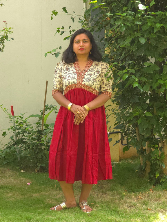 Maroon & Cream V - Neck Alia Cut Dress with Handblock Floral Yoke - Oagh India
