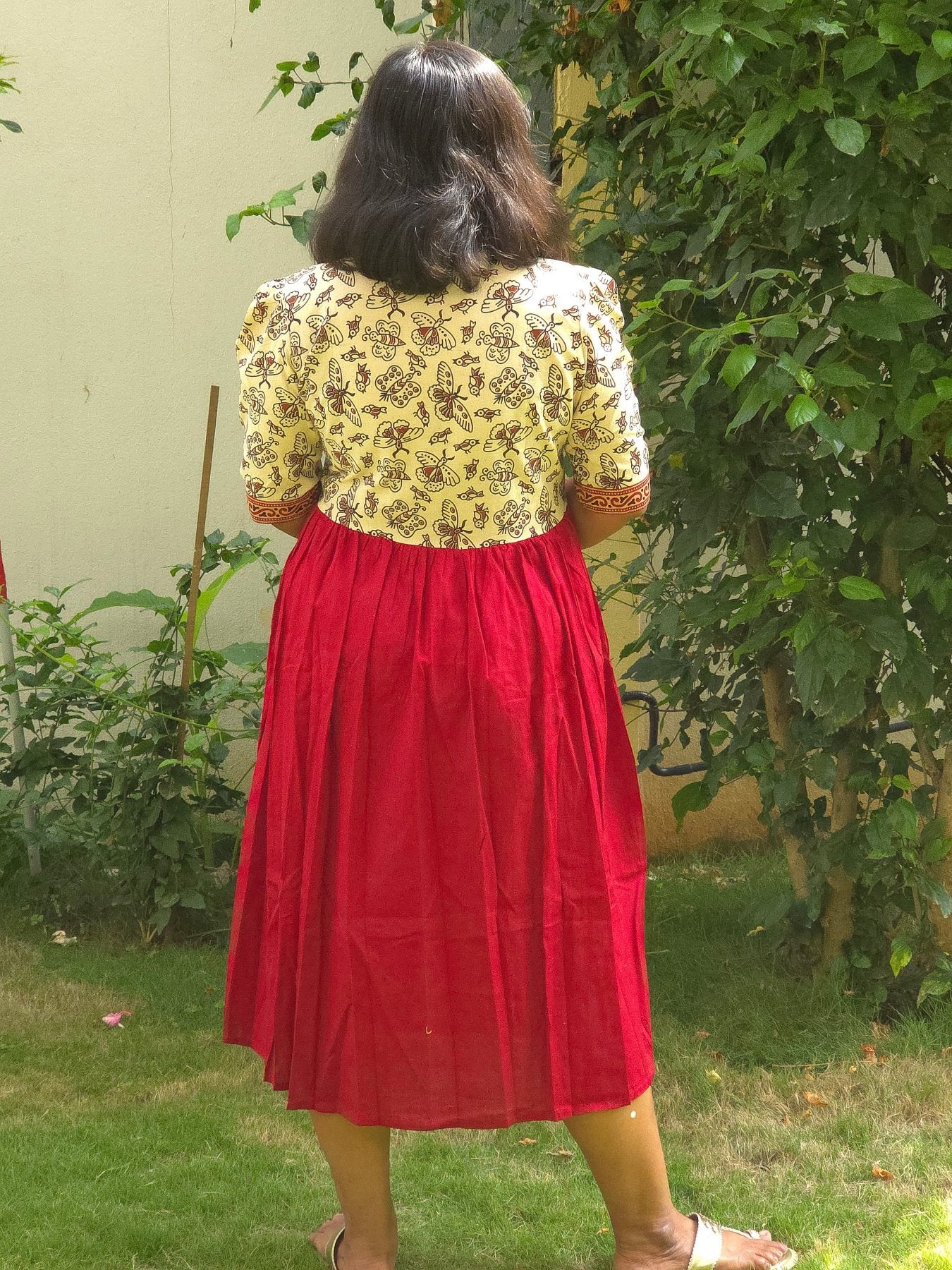 Maroon & Cream V - Neck Alia Cut Dress with Handblock Floral Yoke - Oagh India