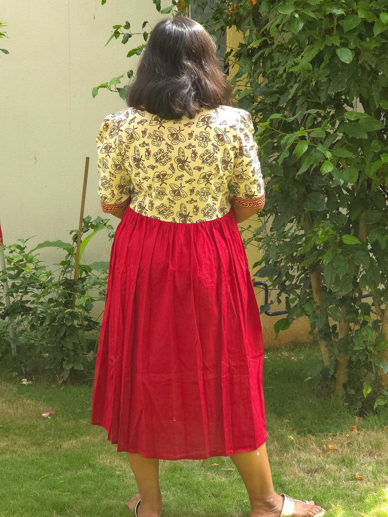 Maroon & Cream V - Neck Alia Cut Dress with Handblock Floral Yoke - Oagh India