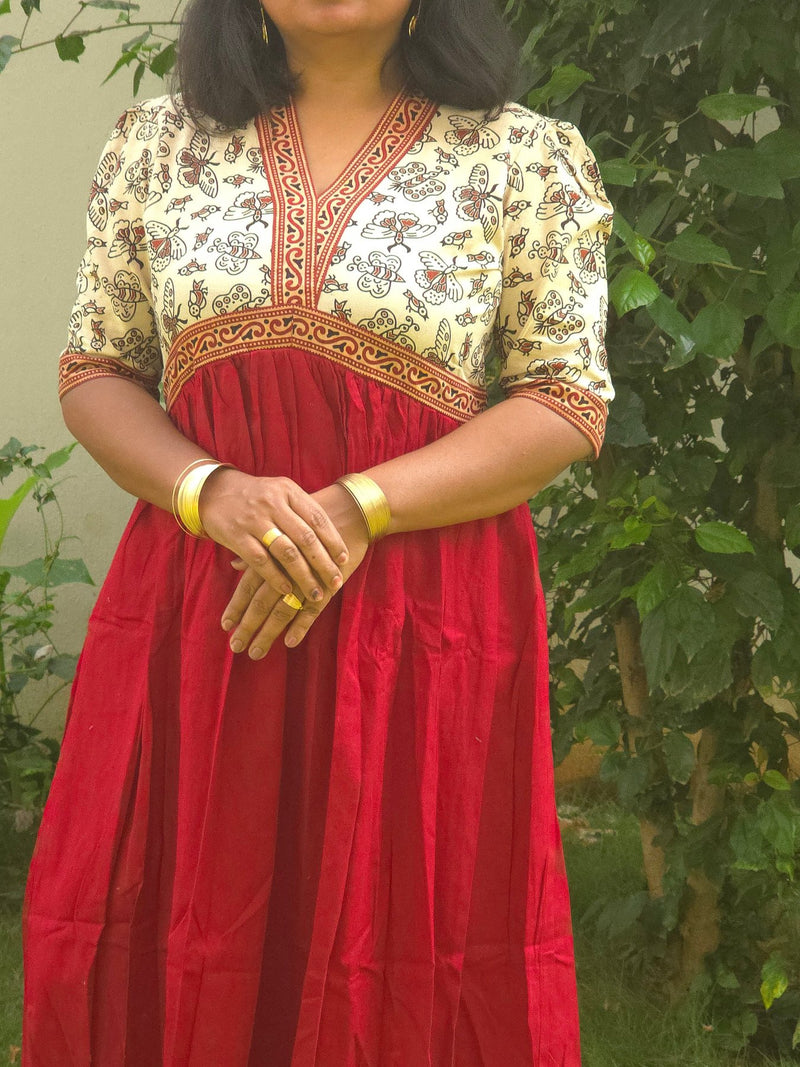 Maroon & Cream V - Neck Alia Cut Dress with Handblock Floral Yoke - Oagh India