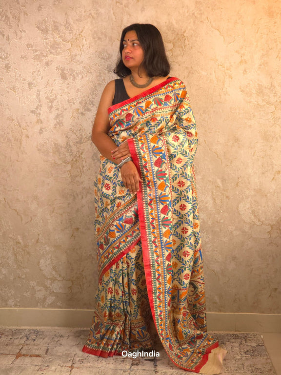 Mithila : Pure Silk Hand Painted Madhubani Art Saree (Silk Mark) - Oagh India