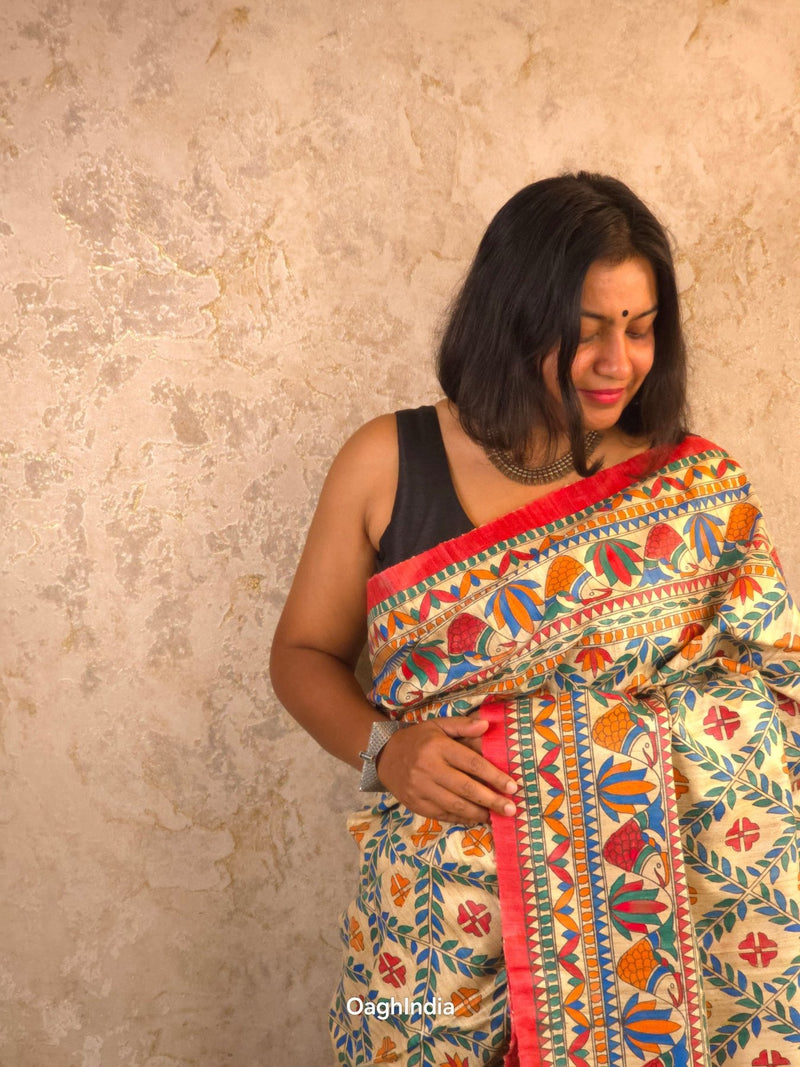 Mithila : Pure Silk Hand Painted Madhubani Art Saree (Silk Mark) - Oagh India