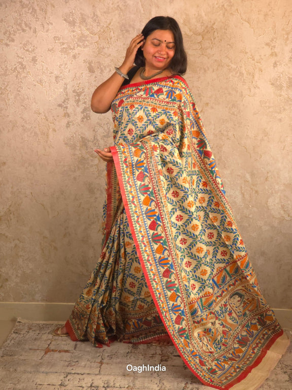 Mithila : Pure Silk Hand Painted Madhubani Art Saree (Silk Mark) - Oagh India