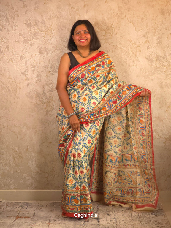 Mithila : Pure Silk Hand Painted Madhubani Art Saree (Silk Mark) - Oagh India