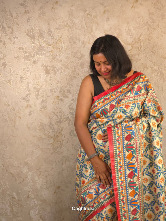 Mithila : Pure Silk Hand Painted Madhubani Art Saree (Silk Mark) - Oagh India