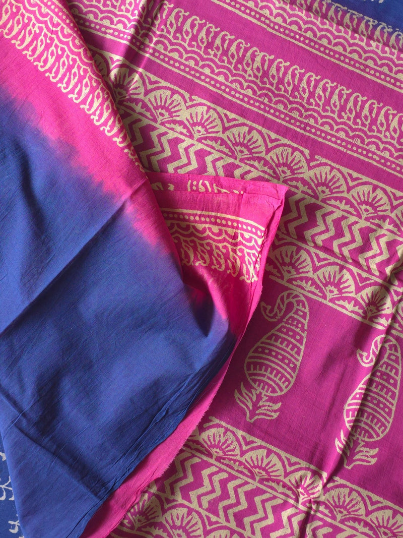 Neelgulabi Badal : Bagru Handblocked Pure Cotton Saree
