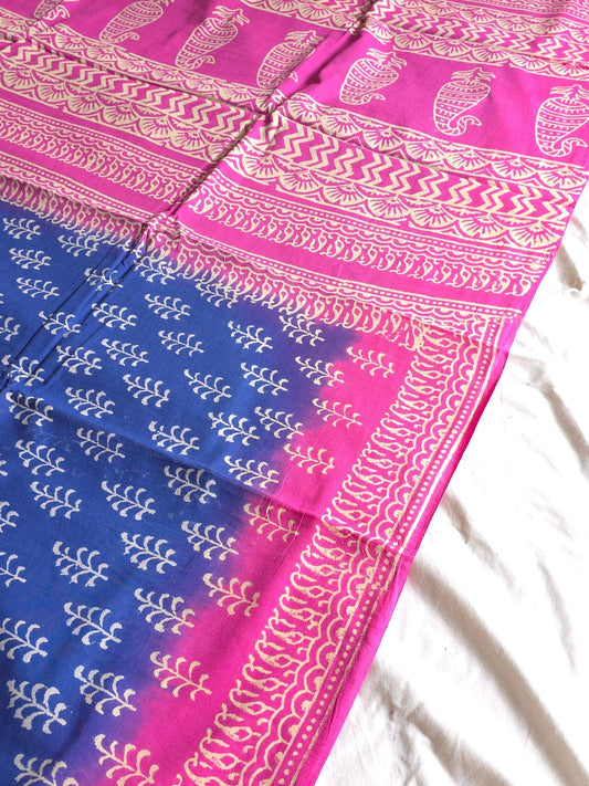 Neelgulabi Badal : Bagru Handblocked Pure Cotton Saree