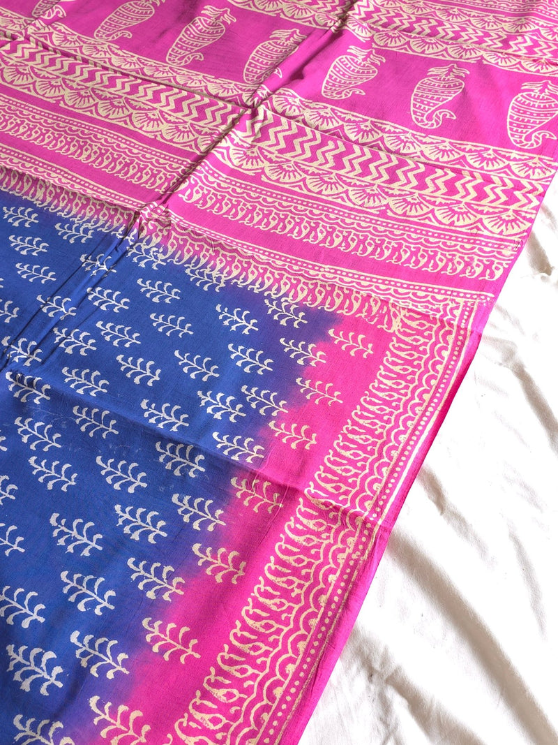 Neelgulabi Badal : Bagru Handblocked Pure Cotton Saree