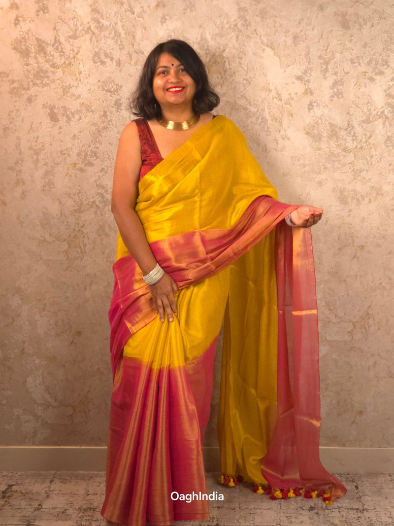 Ombre Dawn | Metallic Ombre Handloom Tissue Saree - Oagh India