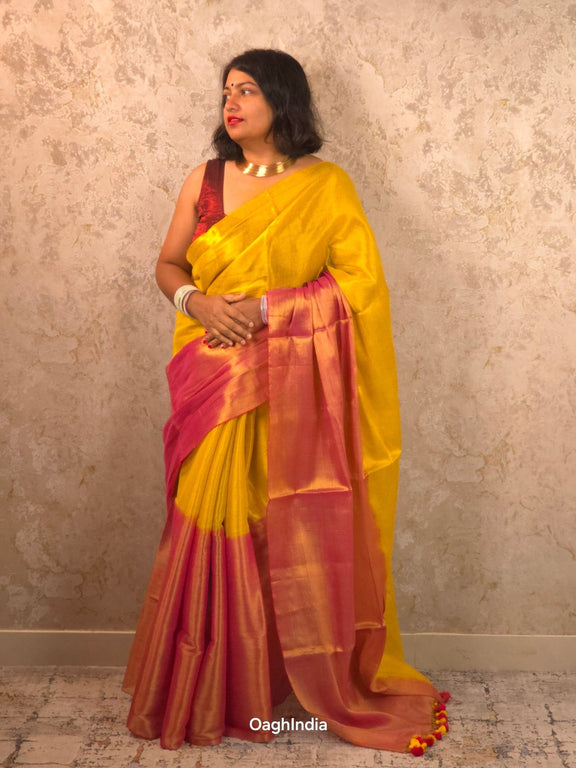 Ombre Dawn | Metallic Ombre Handloom Tissue Saree - Oagh India