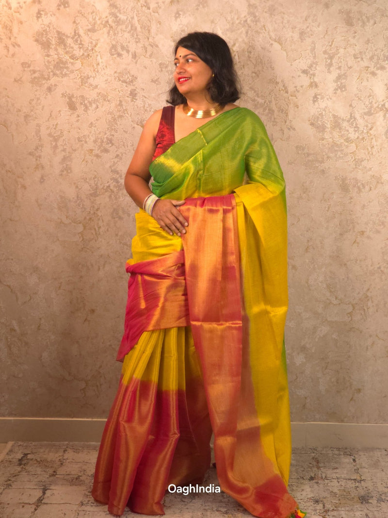 Ombre Dopahar | Metallic Ombre Handloom Tissue Saree - Oagh India
