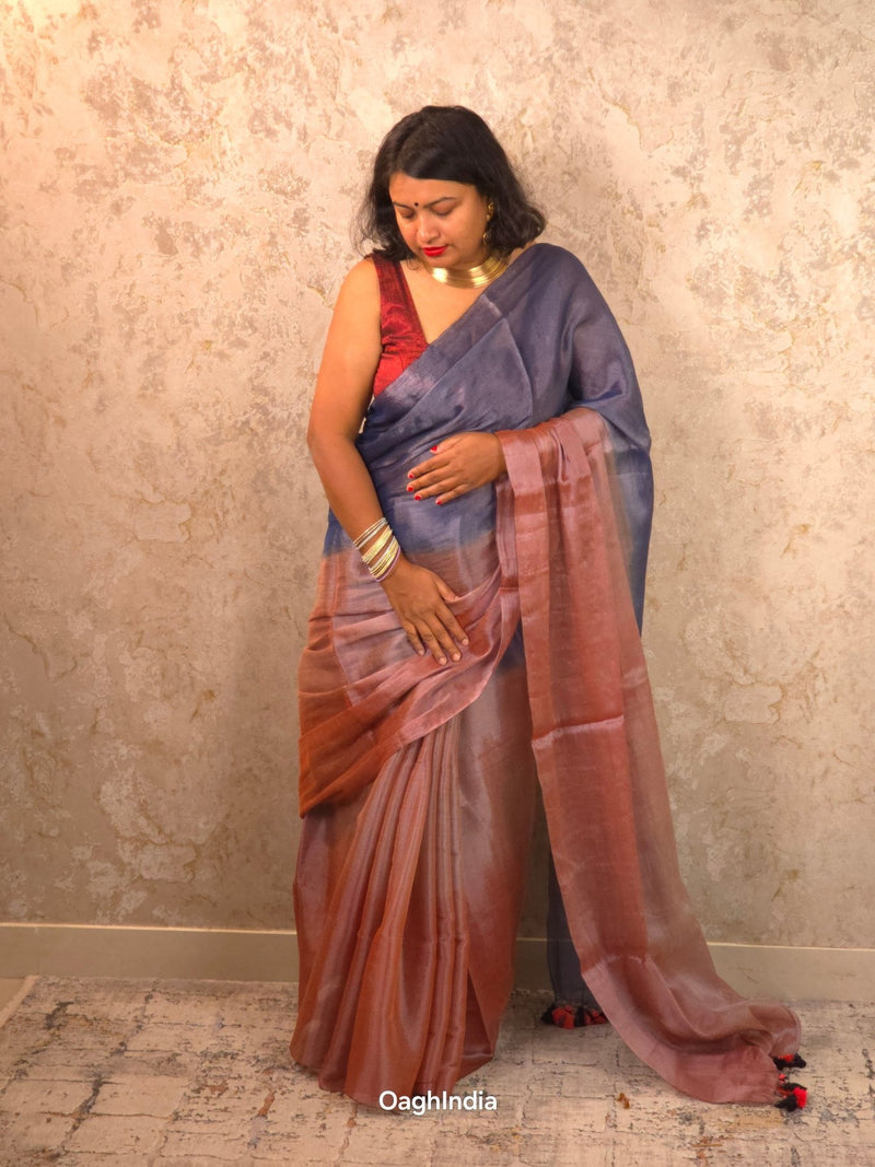 Ombre Evening | Metallic Ombre Handloom Tissue Saree - Oagh India