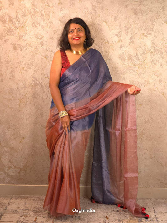 Ombre Evening | Metallic Ombre Handloom Tissue Saree - Oagh India