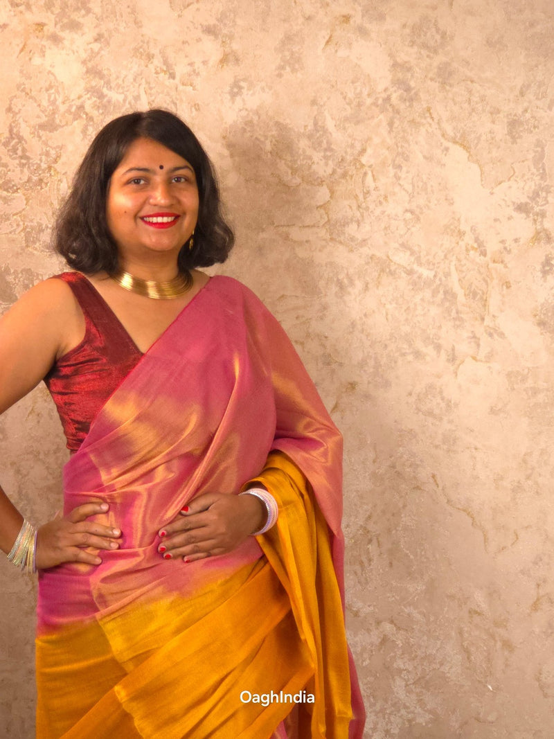 Ombre Subah | Metallic Ombre Handloom Tissue Saree - Oagh India