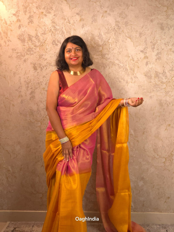 Ombre Subah | Metallic Ombre Handloom Tissue Saree - Oagh India