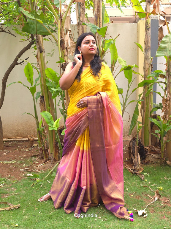 Ombre Sun | Metallic Ombre Handloom Tissue Saree - Oagh India